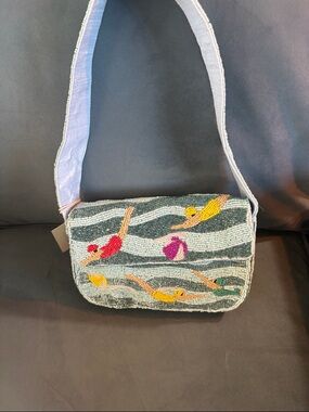 SOL and Mer Hand-Beaded Swimmer Motif Crossbody Bag in Light Blue
